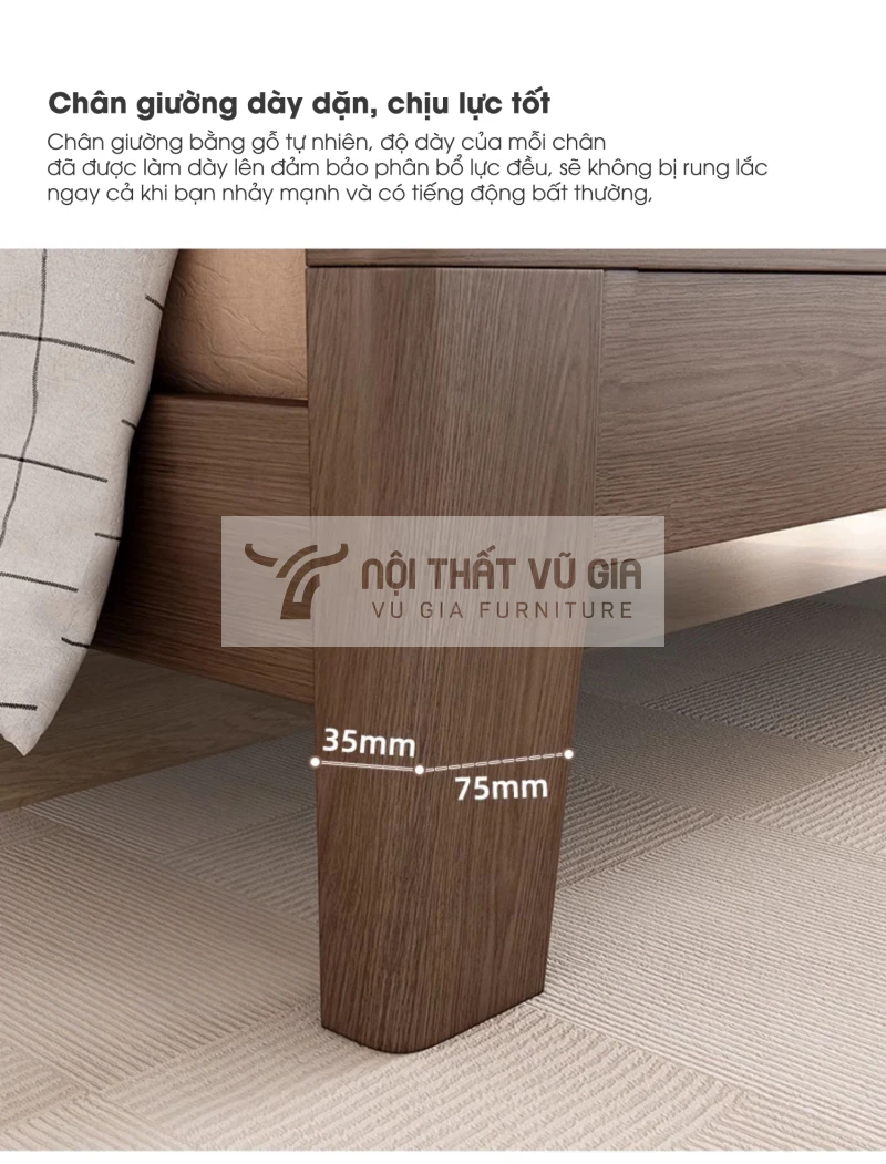 Giường gỗ tự nhiên phong cách tối giản PN69 được trang bị chân giường dày dặn