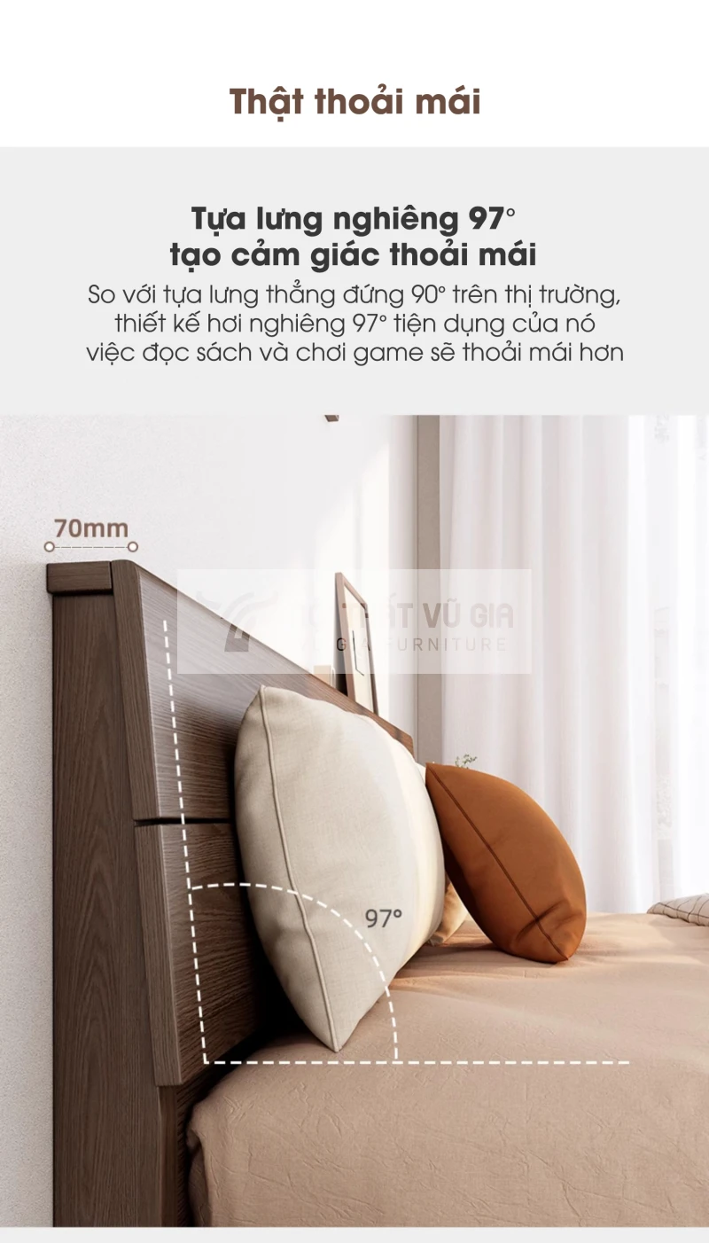 thiết kế đầu giường nghiêng của Giường gỗ tự nhiên phong cách tối giản PN69 mang đến trải nghiệm thoải mái