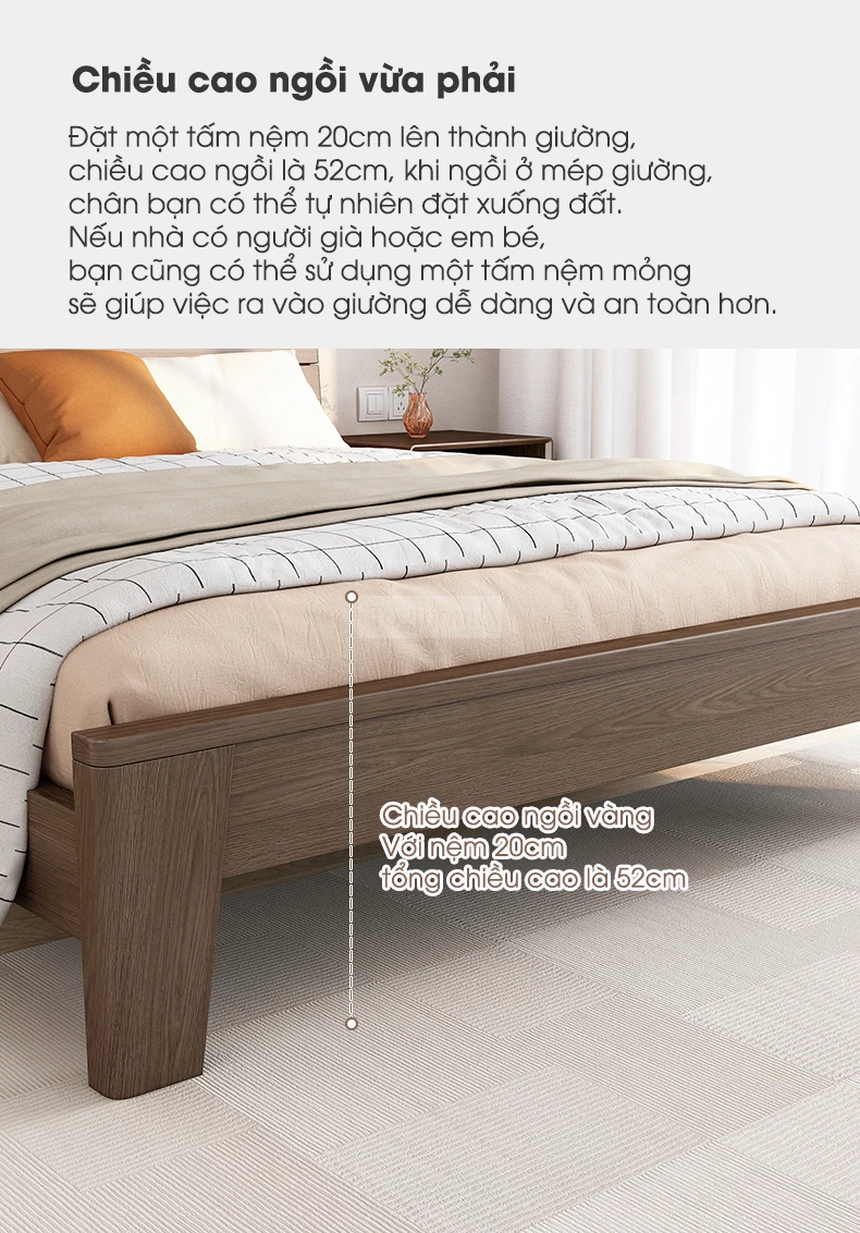 Giường gỗ tự nhiên tối giản, hiện đại GTN069 được thiết kế chiều cao tinh tế, thoải mái
