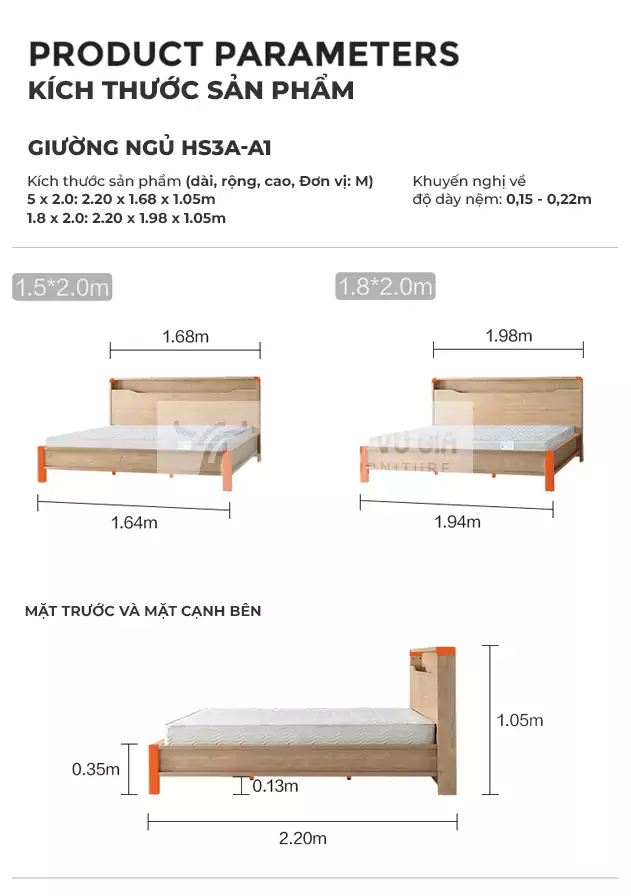 kích thước chi tiết của Giường gỗ tự nhiên thiết kế chắc chắn BR7