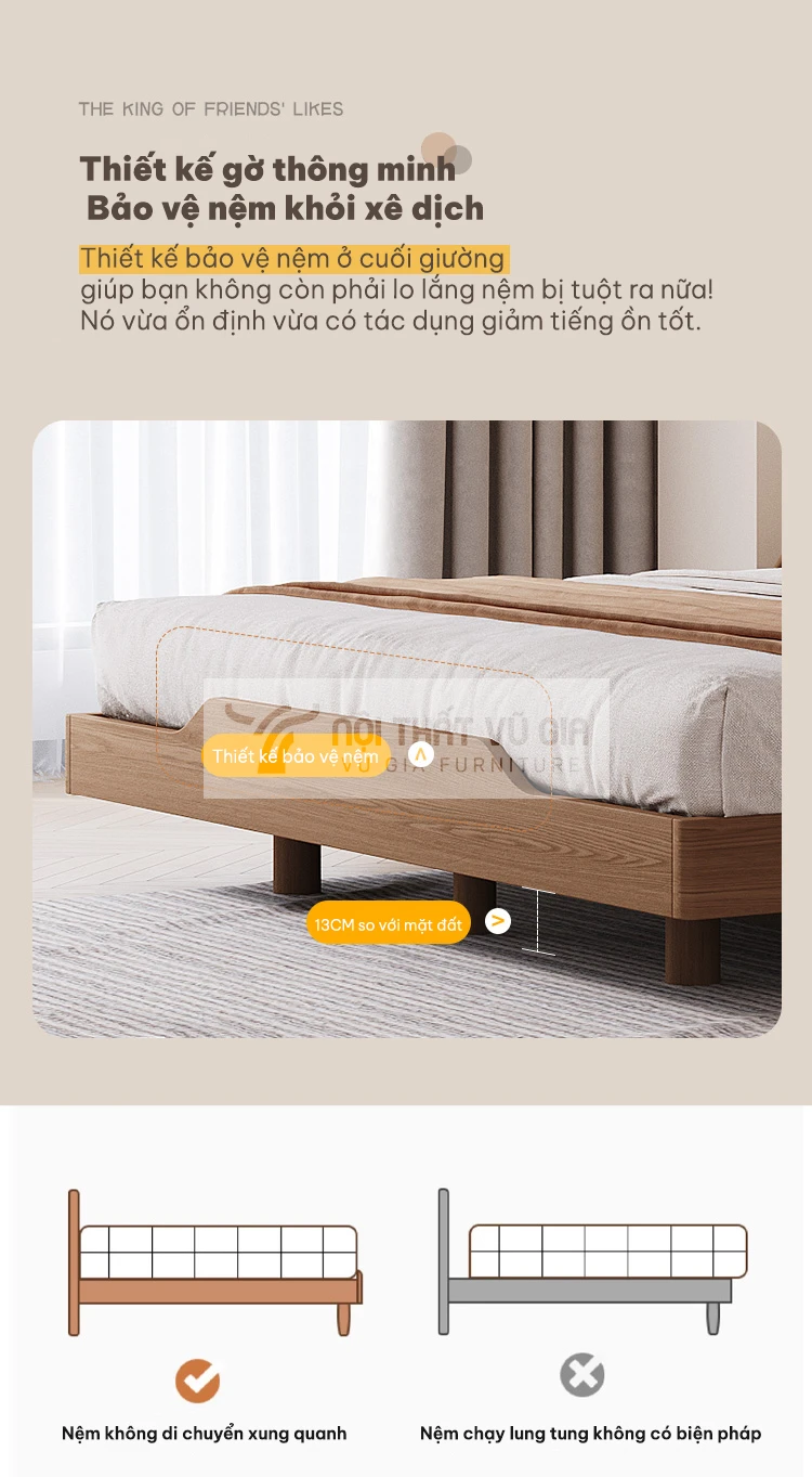 chi tiết gờ giúp đệm không xê dịch của Giường gỗ tự nhiên thiết kế giấu chân hiện đại BR13