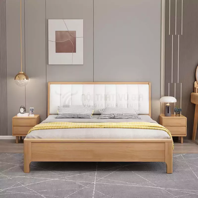 Giường gỗ tự nhiên thiết kế hiện đại kết hợp nệm đầu giường BR49