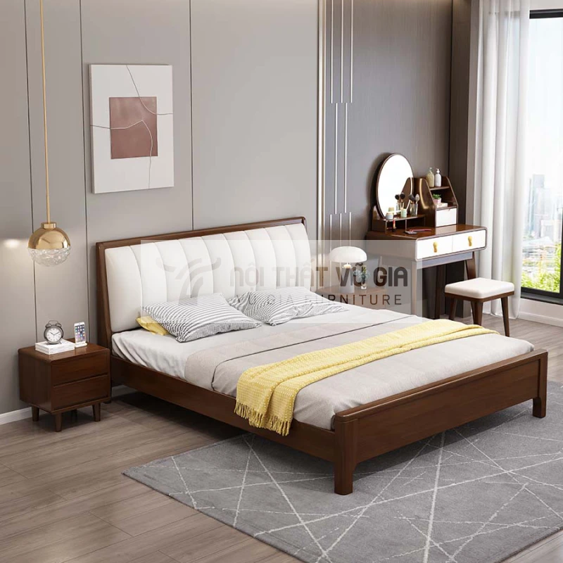Giường gỗ tự nhiên thiết kế hiện đại kết hợp nệm đầu giường BR49