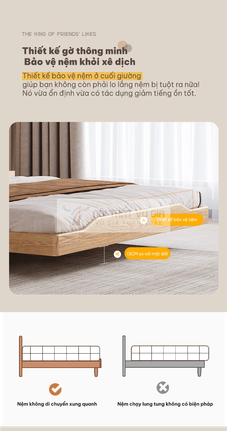 thiết kế gờ tránh đệm xê dịch của Giường gỗ tự nhiên thiết kế không đầu giường hiện đại BR14