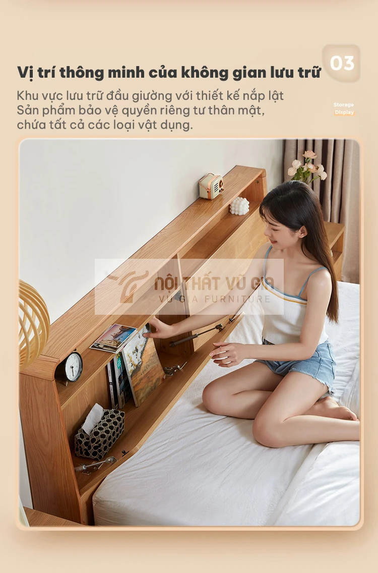 thiết kế thông minh của Giường gỗ tự nhiên thiết kế ngăn đầu giường linh hoạt BR10