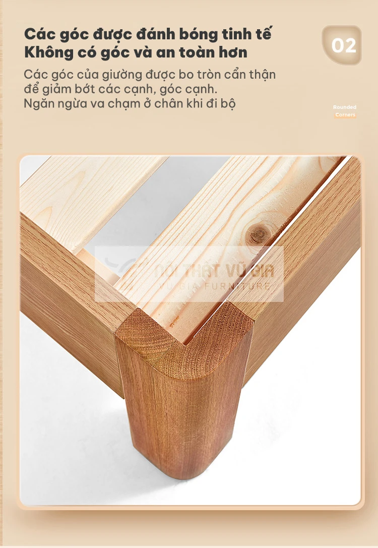 Giường gỗ tự nhiên thiết kế ngăn đầu giường linh hoạt BR10 có các góc được đánh bóng, bo tròn an toàn