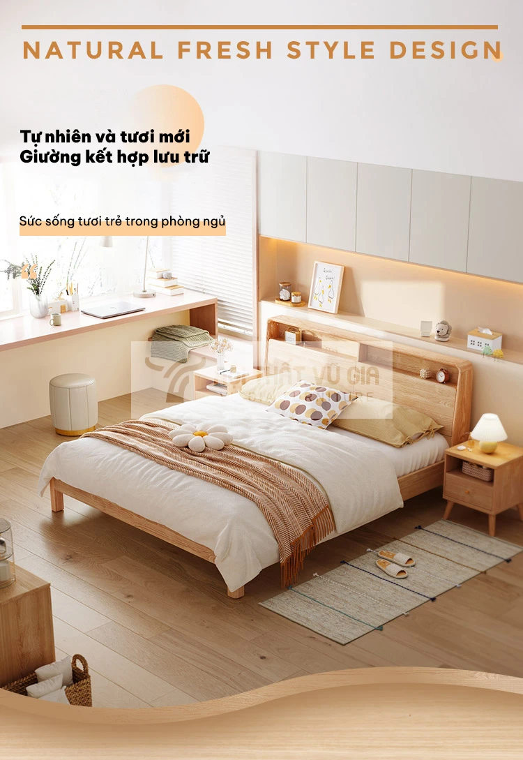 Giường gỗ tự nhiên thiết kế ngăn đầu giường linh hoạt BR10