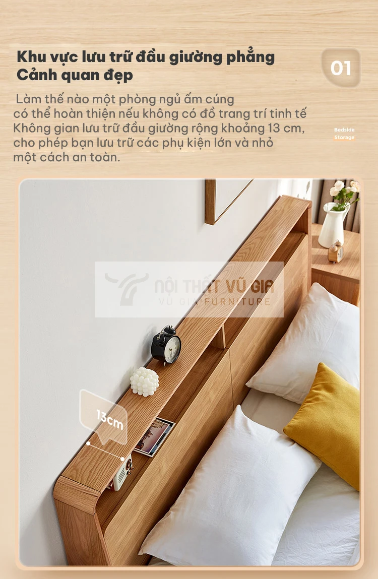 chi tiết ngăn đầu giường của Giường gỗ tự nhiên thiết kế ngăn đầu giường linh hoạt BR10