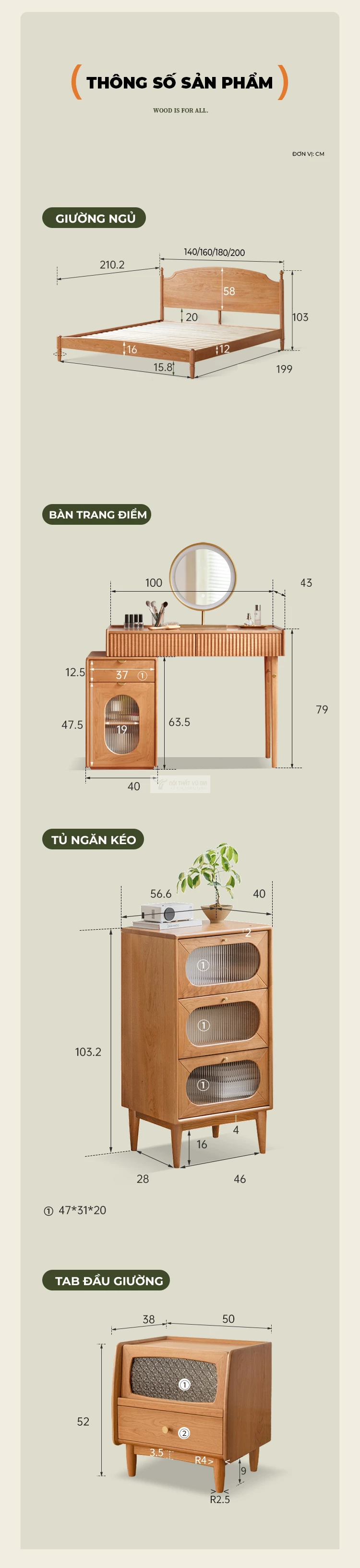 kích thước chi tiết của Giường gỗ tự nhiên thiết kế tân cổ điển sang trọng BR154