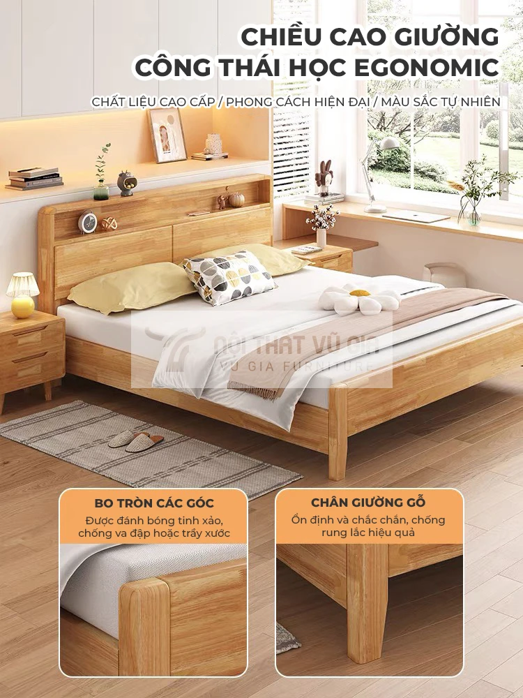 Giường gỗ tự nhiên thiết kế thanh lịch BR5 được thiết kế chiều cao khoa học thoải mái