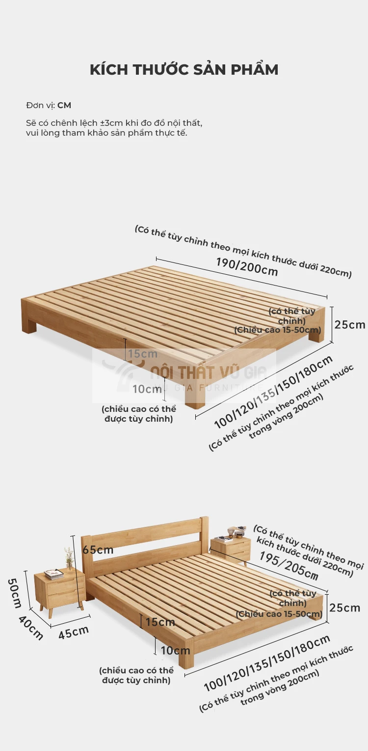 kích thước chi tiết của Giường gỗ tự nhiên thiết kế tối giản BR4