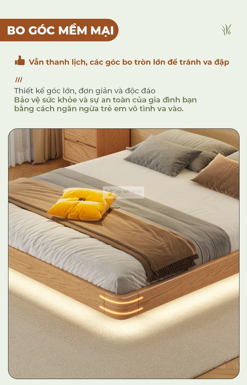 thiết kế bo góc mềm mại của Giường gỗ tự nhiên tích hợp ngăn lưu trữ cao cấp BR152