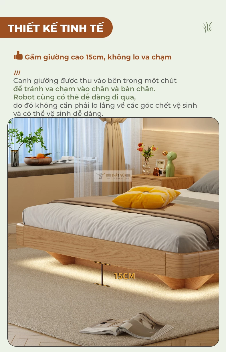 thiết kế chiều cao tinh tế của Giường gỗ tự nhiên tích hợp ngăn lưu trữ cao cấp BR152