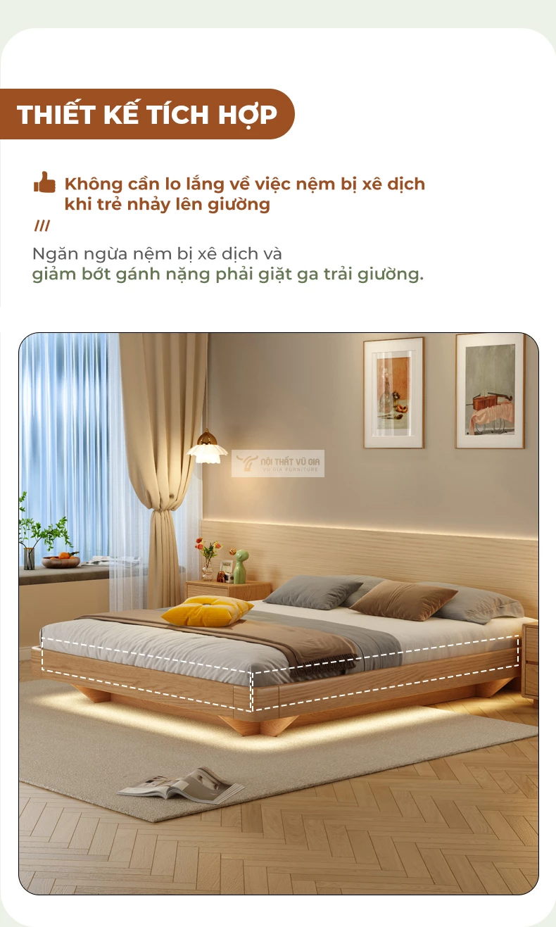 thiết kế gờ cao chống trôi nệm của Giường gỗ tự nhiên tích hợp ngăn lưu trữ cao cấp BR152