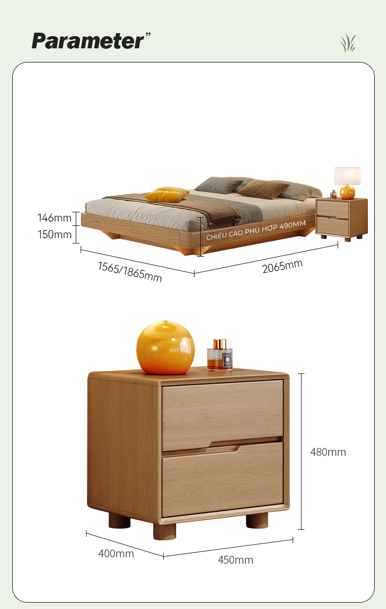 kích thước chi tiết của Giường gỗ tự nhiên tích hợp ngăn lưu trữ cao cấp BR152