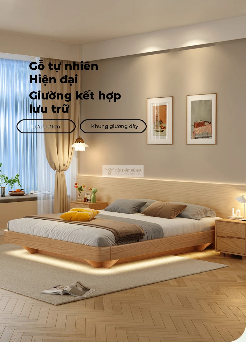 Giường gỗ tự nhiên tích hợp ngăn lưu trữ cao cấp BR152