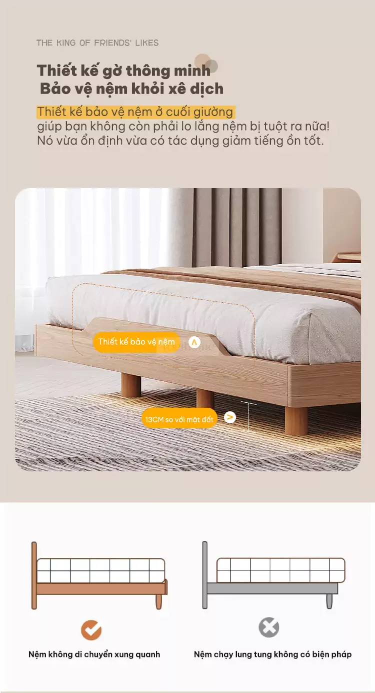 thiết kế gờ chống trượt nệm của Giường kiểu Hàn phong cách tối giản GB016-màu vàng sồi
