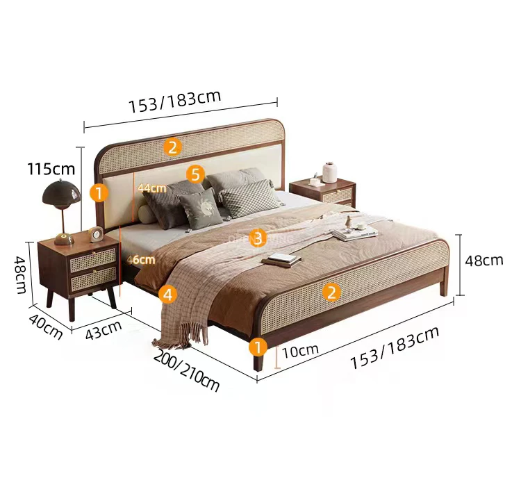  Giường ngủ gỗ tự nhiên hoạ tiết mây, đệm đầu giường phong cách Indochine OpenLiving OGG 036