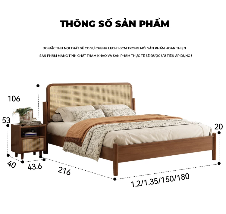 thiết kế hiện đại với nhiều kích thước Giường ngủ gỗ tự nhiên hoạ tiết mây phong cách Indochine OpenLiving OGG 031