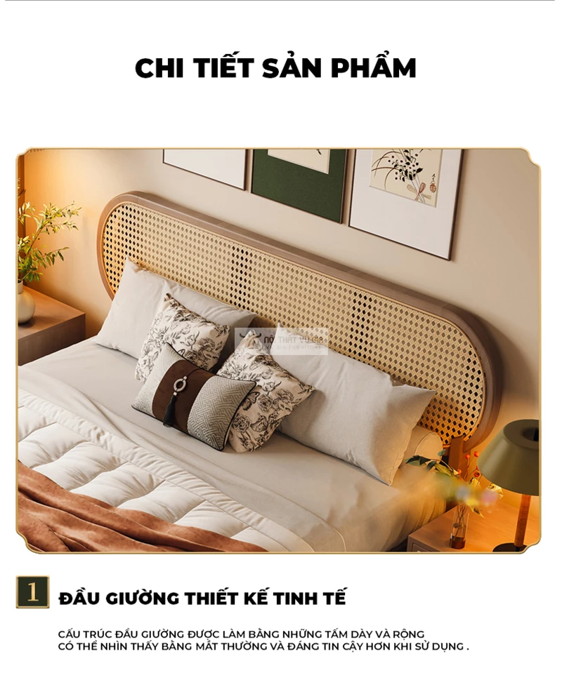 thiết kế đầu giường tinh tế độc đáo của Giường ngủ gỗ tự nhiên kết hợp mây cao cấp BR124