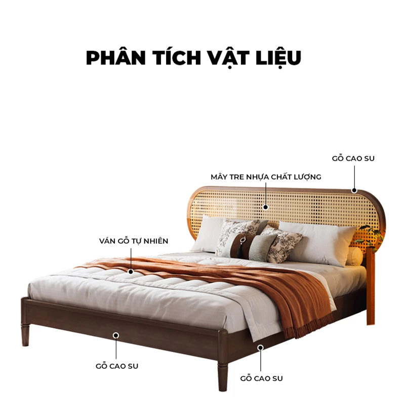 chi tiết chất liệu của Giường ngủ gỗ tự nhiên kết hợp mây cao cấp BR124