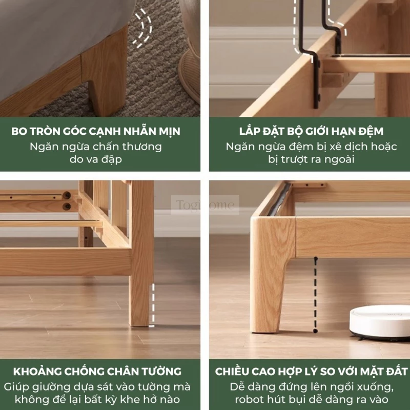 Giường Ngủ Gỗ Tự Nhiên Kiểu Hàn CV010 với thiết kế bo tròn các góc mang đến sự thoải mái cho người sử dụng.