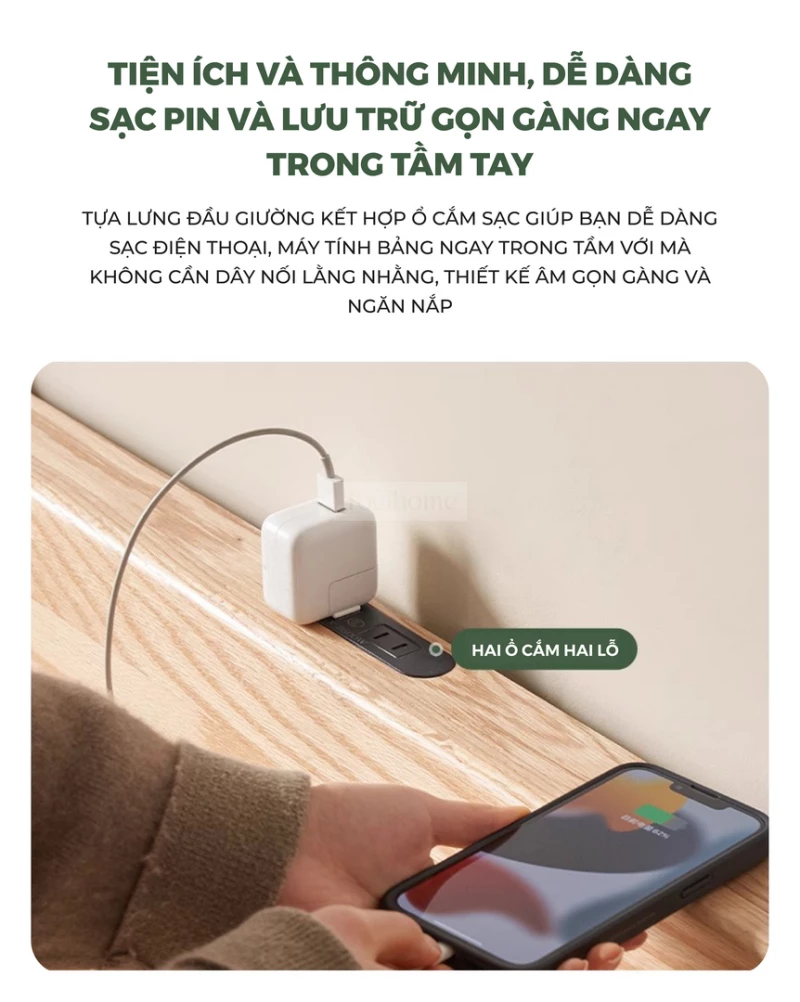 Giường Ngủ Gỗ Tự Nhiên Kiểu Hàn CV010 với thiết kế tiện ích thông minh kết hợp sạc pin cao cấp.