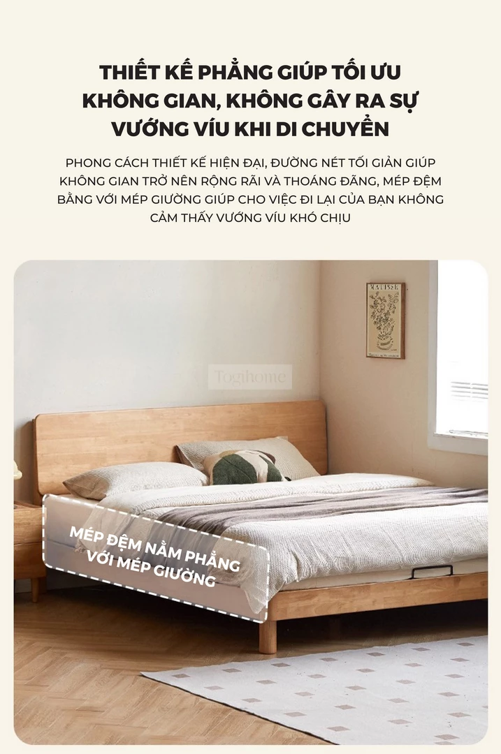 Giường Ngủ Gỗ Tự Nhiên Kiểu Hàn CV020 với thiết kế nệm nằm phẳng với mép giường mang đến cảm giác thoải mái, tránh các sự bất tiện khi sử dụng.