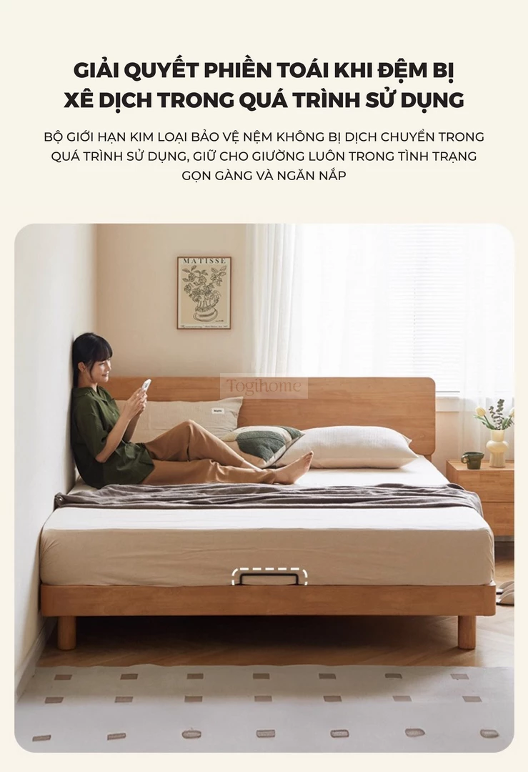 Giường Ngủ Gỗ Tự Nhiên Kiểu Hàn CV020 có thiết kế giới hạn không gian đệm di chuyển tránh sự xê dịch của đệm.