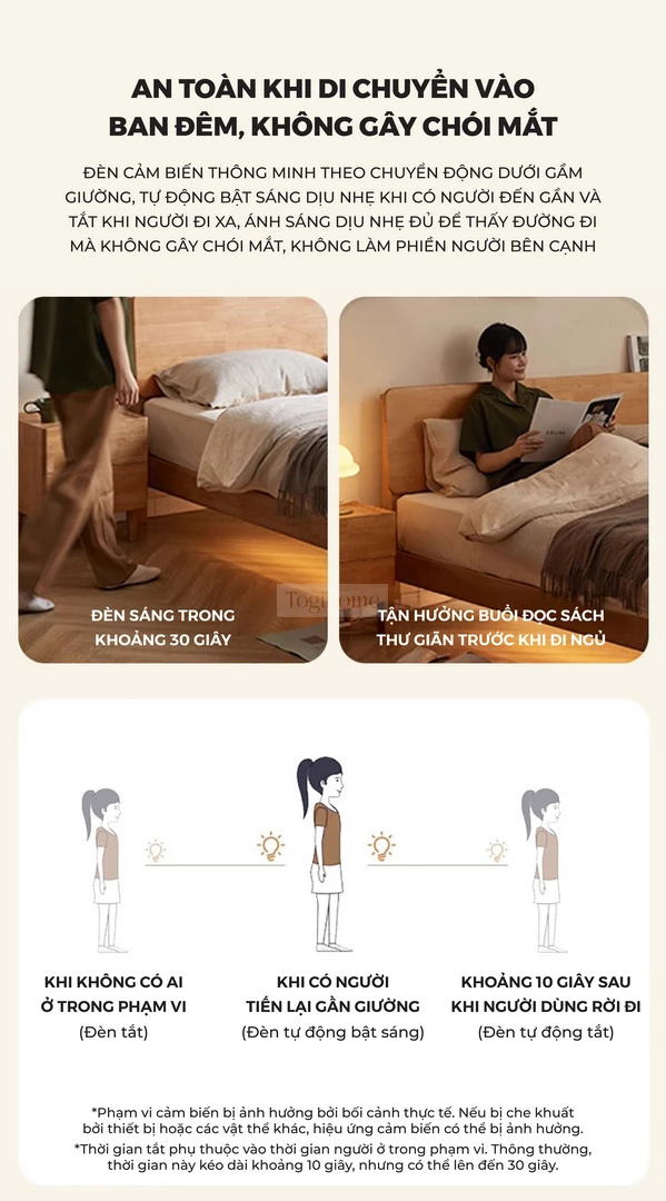 Giường Ngủ Gỗ Tự Nhiên Kiểu Hàn CV020 có tích hợp thêm đèn cảm biến mang đến sự an toàn khi di chuyển vào ban đêm.
