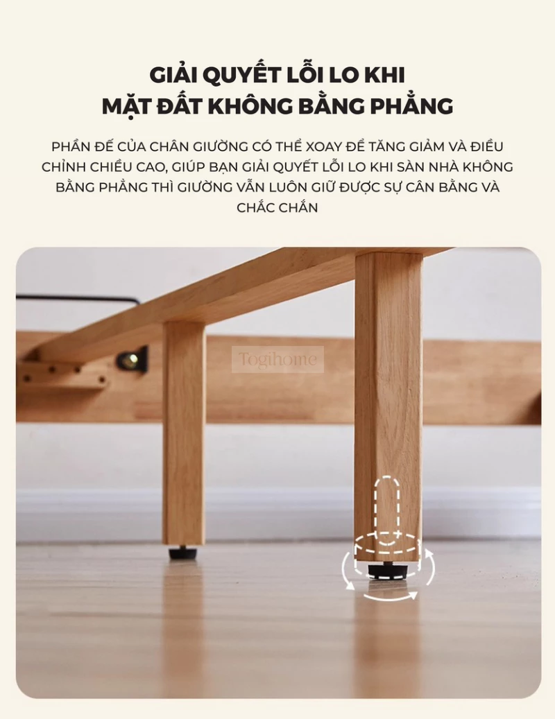 Giường Ngủ Gỗ Tự Nhiên Kiểu Hàn CV020 với thiết kế chân có thể nâng cao phù hợp theo không gian không bằng phẳng.