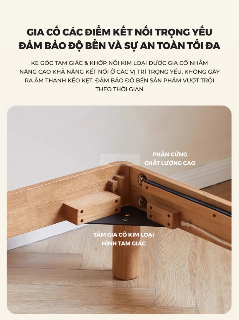 Giường Ngủ Gỗ Tự Nhiên Kiểu Hàn CV020 với thiết kế gia cố các điểm nối tối đa mang đến sự chắc chắn.