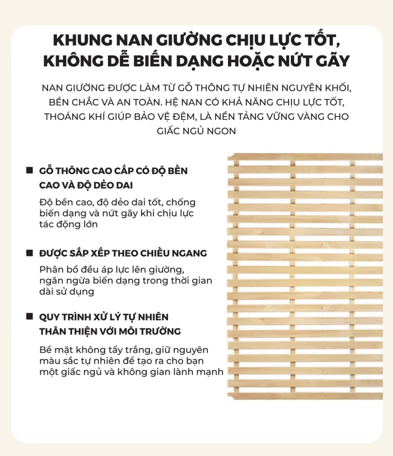 Giường Ngủ Gỗ Tự Nhiên Kiểu Hàn CV020 với thiết kế khung nan giường chắc chắn mang đến khả năng chịu lực tốt.