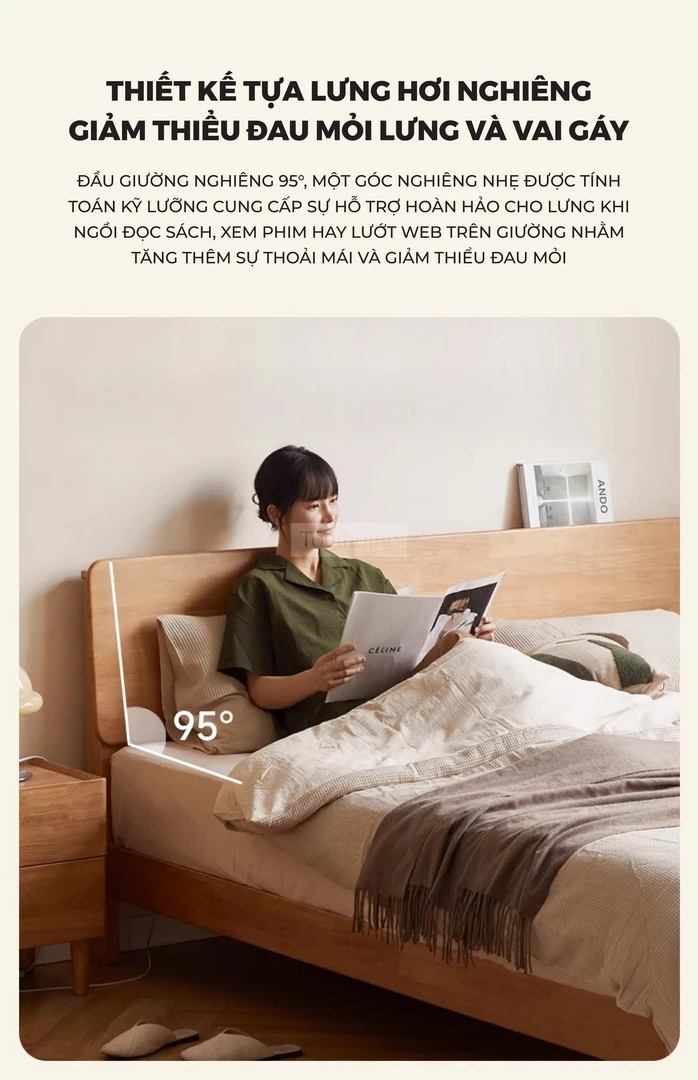 Giường Ngủ Gỗ Tự Nhiên Kiểu Hàn CV020 với thiết kế tựa lưng nghiêng mang đến cảm giác thoải mái khi sử dụng.