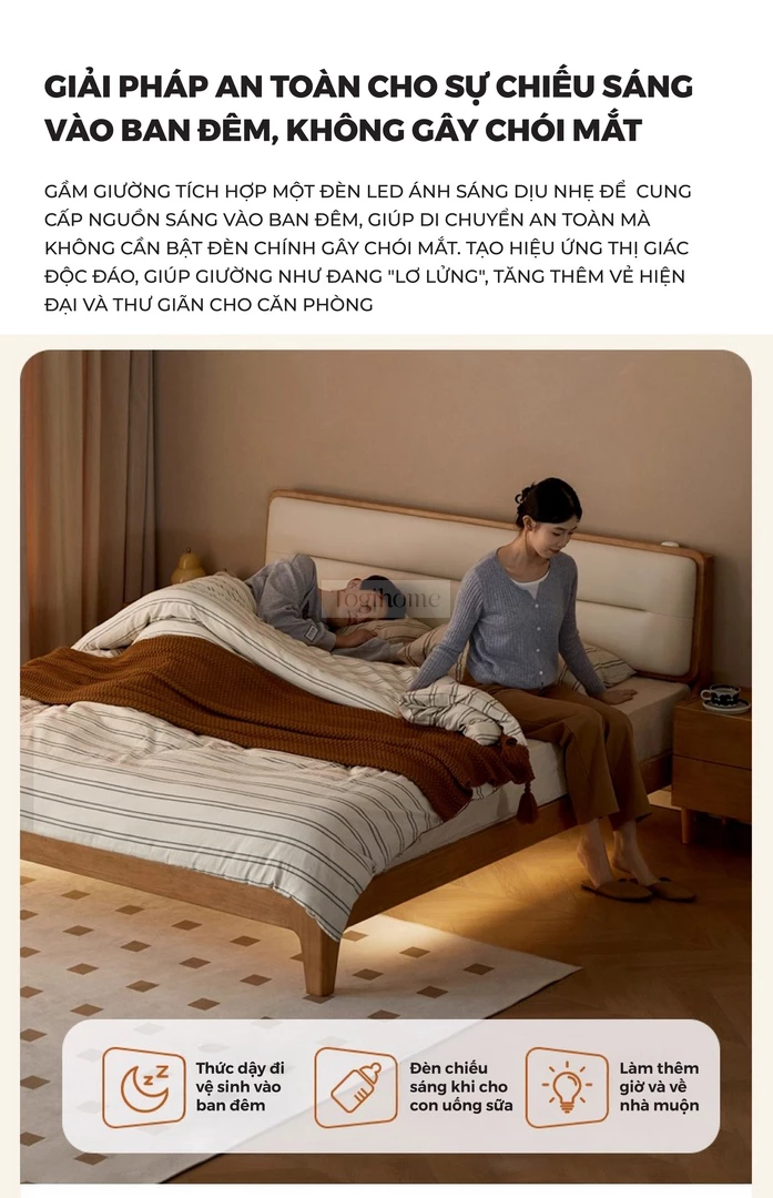 Giường Ngủ Gỗ Tự Nhiên Kiểu Hàn CV031 với thiết kế an toàn vào ban đêm có đèn chiếu sáng mang đến sự an toàn.