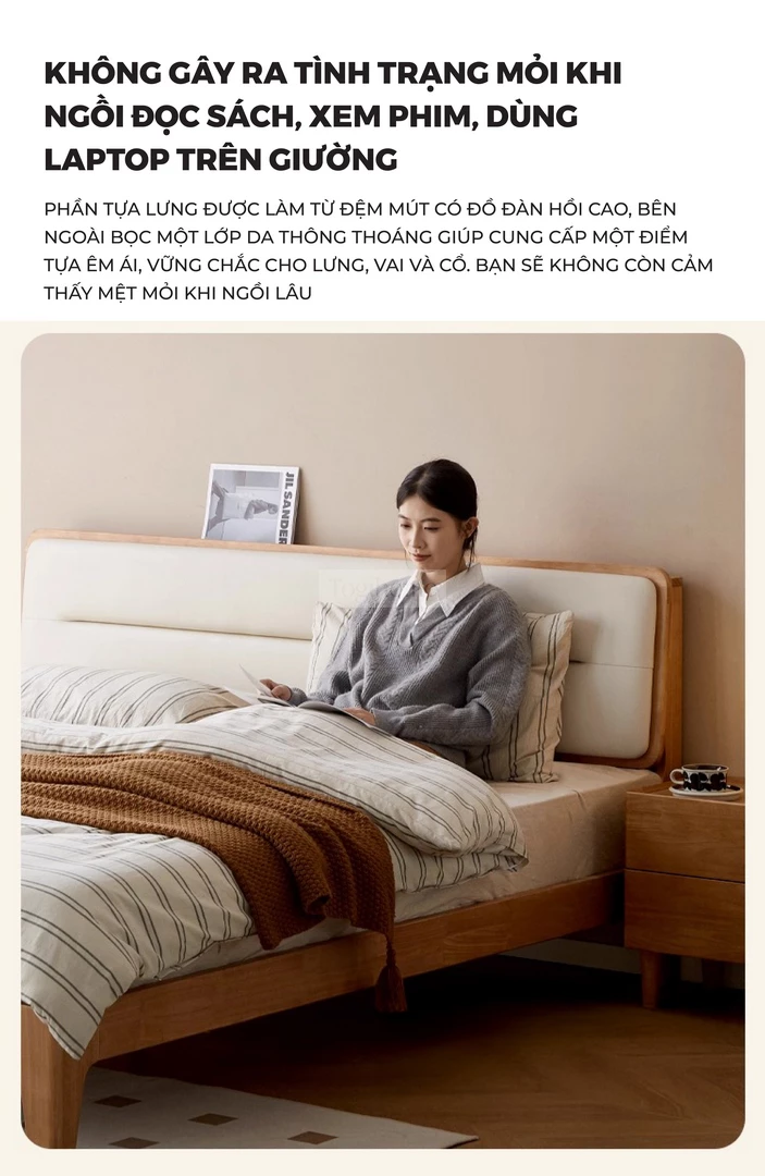 Giường Ngủ Gỗ Tự Nhiên Kiểu Hàn CV031 với thiết kế tựa lưng êm không gây ra tình trạng mệt mỏi khi tựa thẳng.