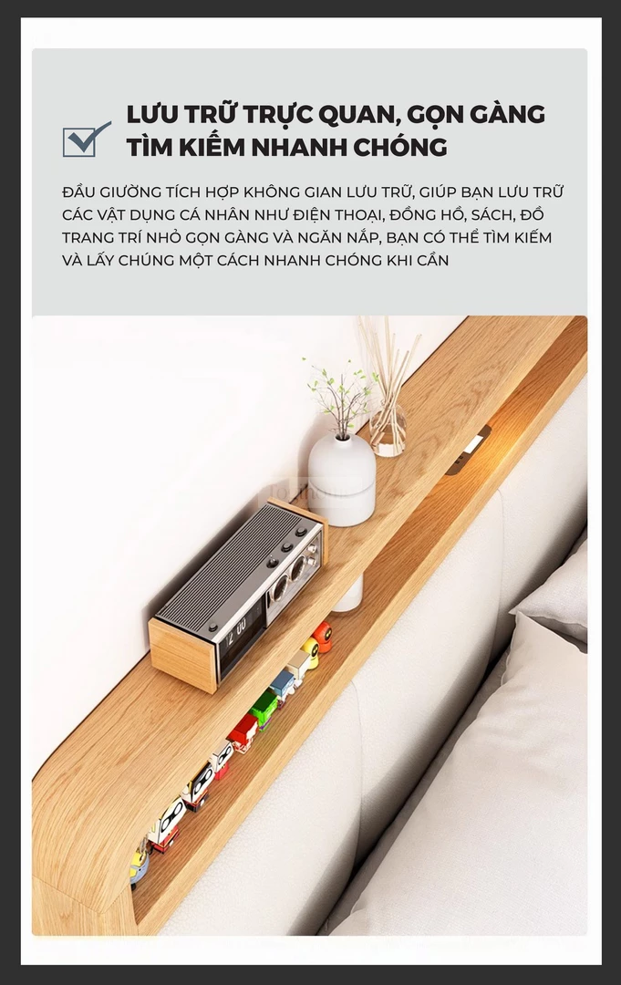 Giường Ngủ Gỗ Tự Nhiên Kiểu Hàn CV051 với thiết kế lưu trữ trực quan mang đến không gian lưu trữ cao cấp và dễ dàng tìm kiếm.