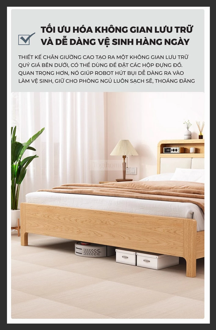 Giường Ngủ Gỗ Tự Nhiên Kiểu Hàn CV051 với không gian thoáng mang đến khả năng dọn dẹp nhanh chóng và dễ dàng.