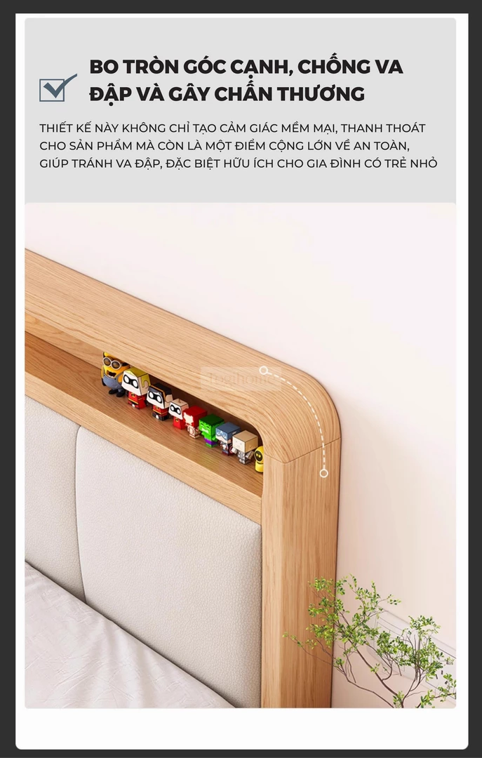 Giường Ngủ Gỗ Tự Nhiên Kiểu Hàn CV051 với thiết kế bo tròn các cạnh mang đến sự thoải mái khi sử dụng.