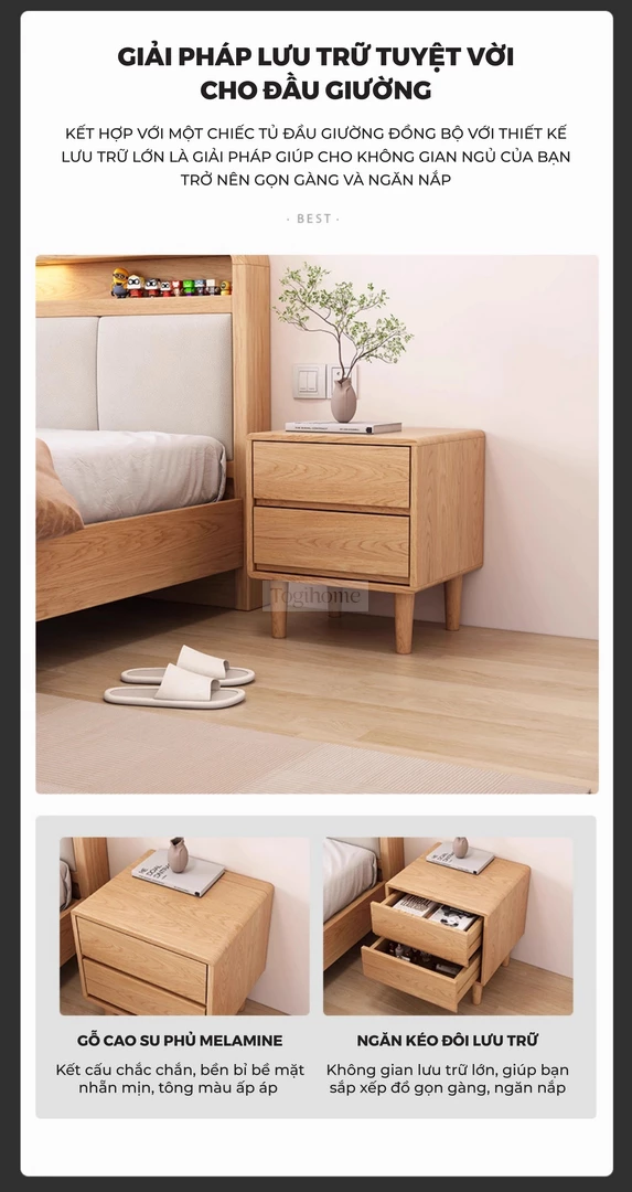 Giường Ngủ Gỗ Tự Nhiên Kiểu Hàn CV051 có tích hợp thêm tủ lưu trữ linh hoạt mang đến không gian cao cấp.