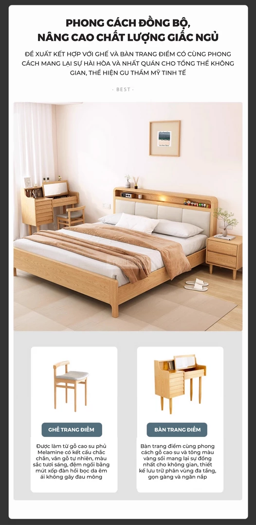Giường Ngủ Gỗ Tự Nhiên Kiểu Hàn CV051 với thiết kế phong cách đồng bộ về màu sắc mang đến sự dễ chịu.