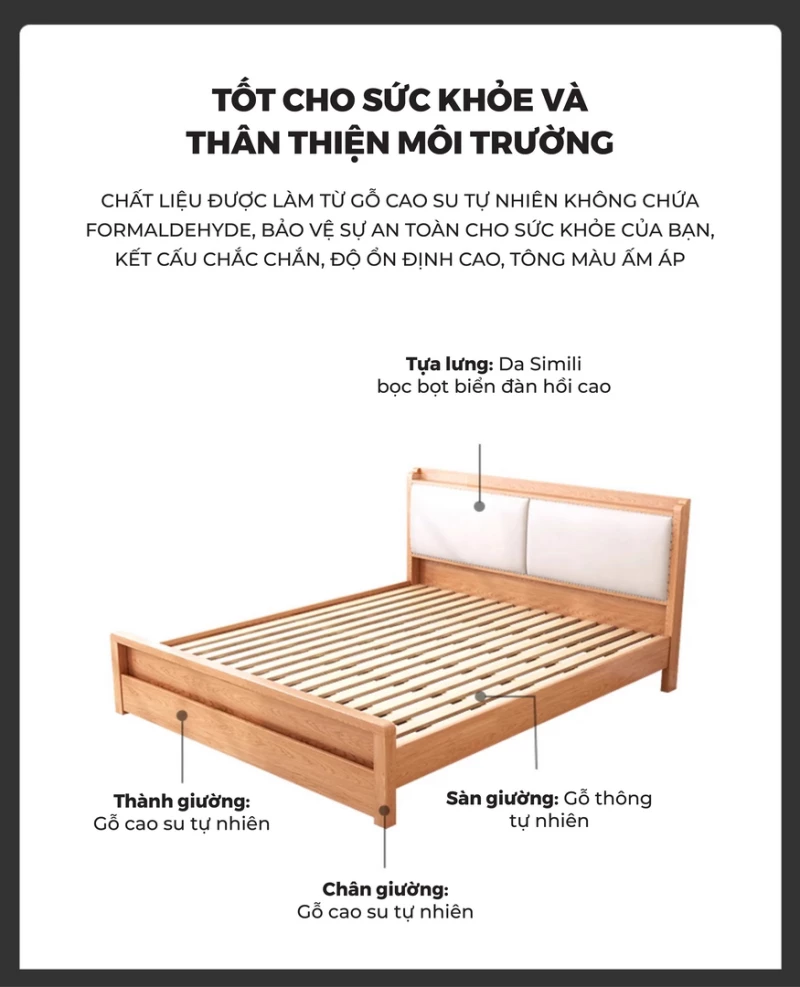 Giường Ngủ Gỗ Tự Nhiên Kiểu Hàn CV061 với thiết kế khung chắc chắn mang lại khả năng chịu lực tốt.