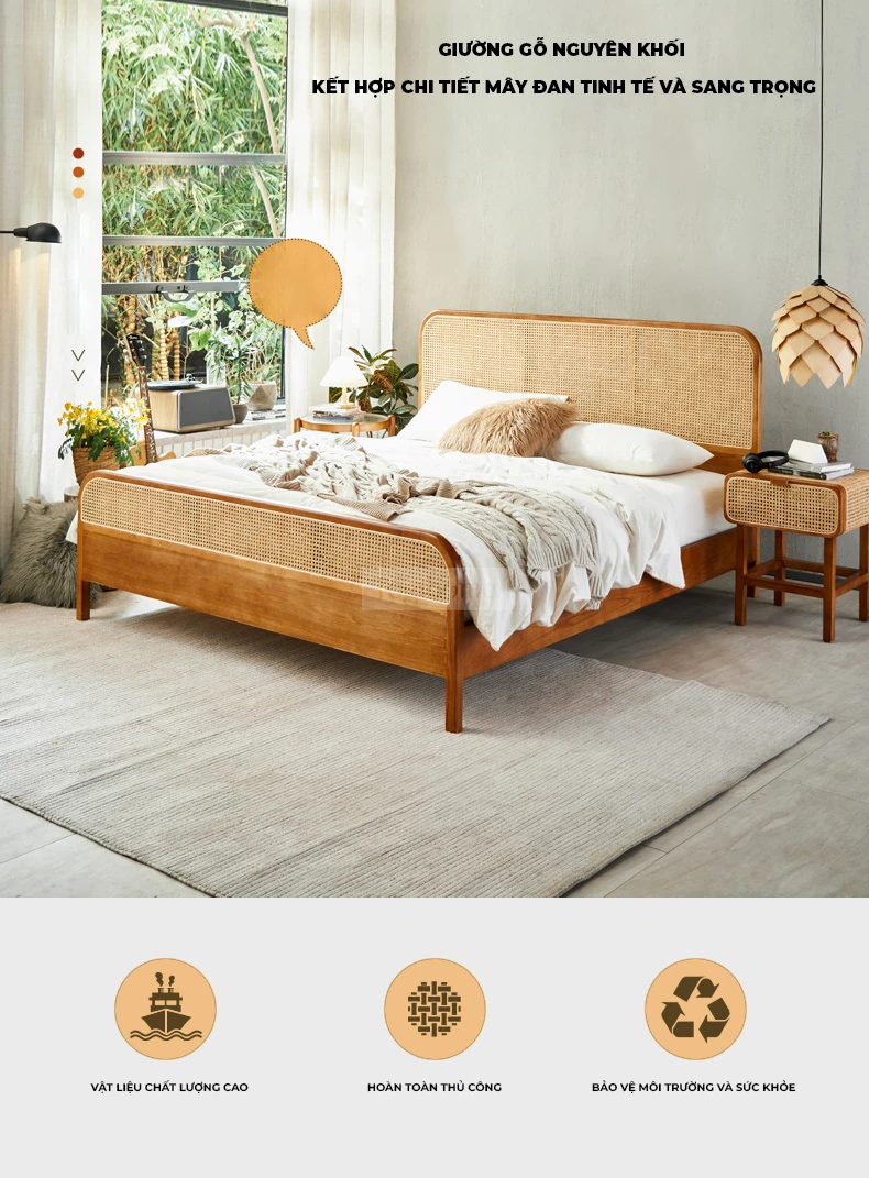 Giường ngủ Togismart GM71 thuộc SangSeries là sự kết hợp hoàn hảo giữa gỗ tự nhiên và chất liệu mây đan thủ công, tạo điểm nhấn tinh tế, gần gũi với thiên nhiên. Thiết kế mang hơi hướng Đông Dương sang trọng, phù hợp với không gian sống hiện đại và đậm chất Á Đông. Giường GM71 là lựa chọn lý tưởng cho phòng ngủ thanh lịch, đẳng cấp.