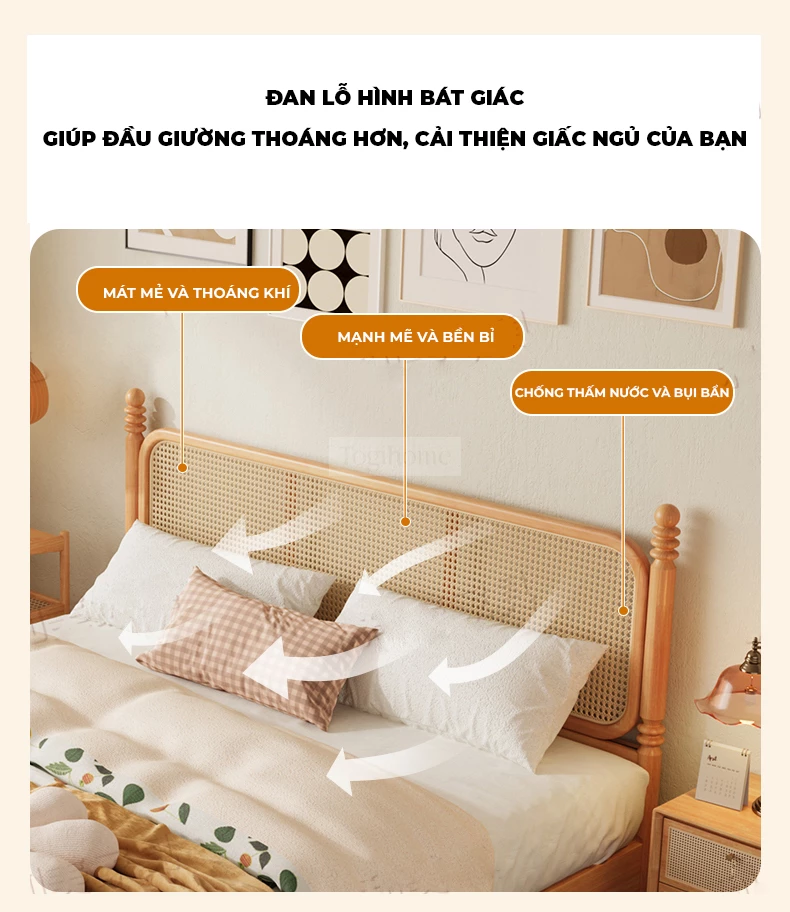 Giường ngủ Togismart GM73 thuộc Dream Series nổi bật với thiết kế phối mây thủ công cùng gỗ tự nhiên cao cấp, mang đậm phong cách Đông Dương sang trọng và thanh lịch. Từng chi tiết được chăm chút kỹ lưỡng, tạo cảm giác ấm cúng và gần gũi với thiên nhiên. Sản phẩm lý tưởng cho phòng ngủ yêu thích nét đẹp truyền thống và hiện đại.