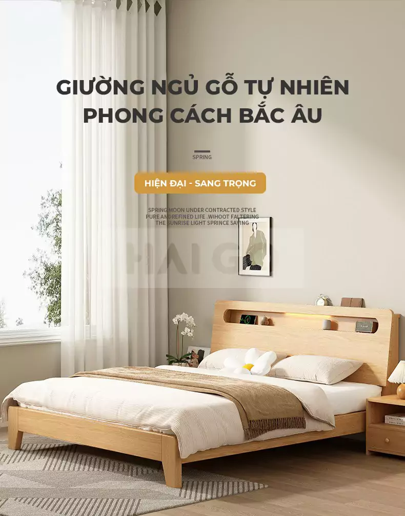 Giường Ngủ Gỗ Tự Nhiên Phong Cách Bắc Âu Haigo GN042