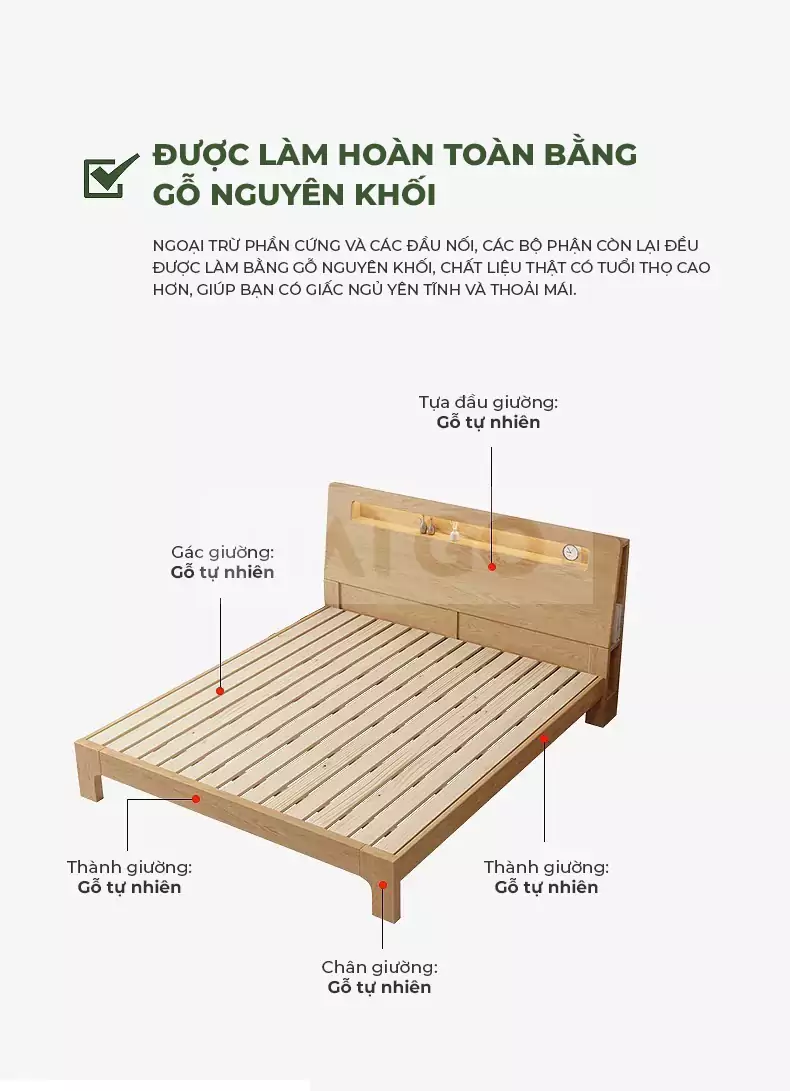 Giường Ngủ Gỗ Tự Nhiên Phong Cách Bắc Âu Haigo GN044