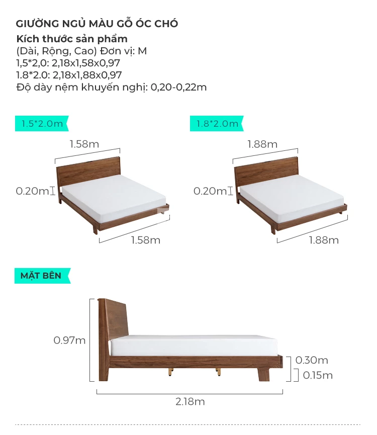 kích thước chi tiết của Giường ngủ gỗ tự nhiên phong cách tối giản, hiện đại BR105