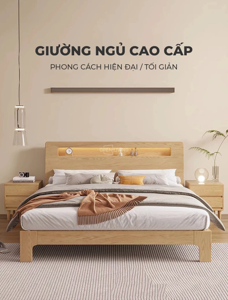 giường ngủ cao cấp gỗ tự nhiên Giường ngủ gỗ tự nhiên phong cách trẻ trung ngăn chứa tiện nghi OpenLiving OGG 032