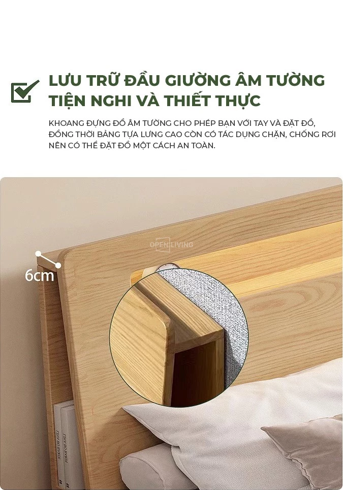 đầy đủ tiện nghi thiết thực Giường ngủ gỗ tự nhiên phong cách trẻ trung ngăn chứa tiện nghi OpenLiving OGG 032