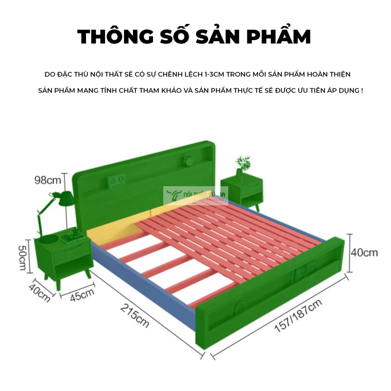 kích thước chi tiết của Giường ngủ gỗ tự nhiên thiết kế hiện đại BR111